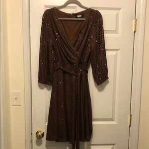 DKNY Sparkling Sequin Brown Long Sleeve Dress